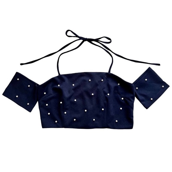 Miss Avenue Womens Pearl Off The Shoulder Crop Top Medium Navy Blue Halter - Picture 4 of 10
